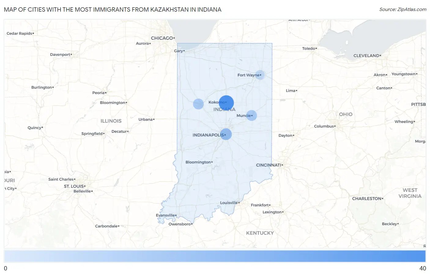 Cities with the Most Immigrants from Kazakhstan in Indiana Map