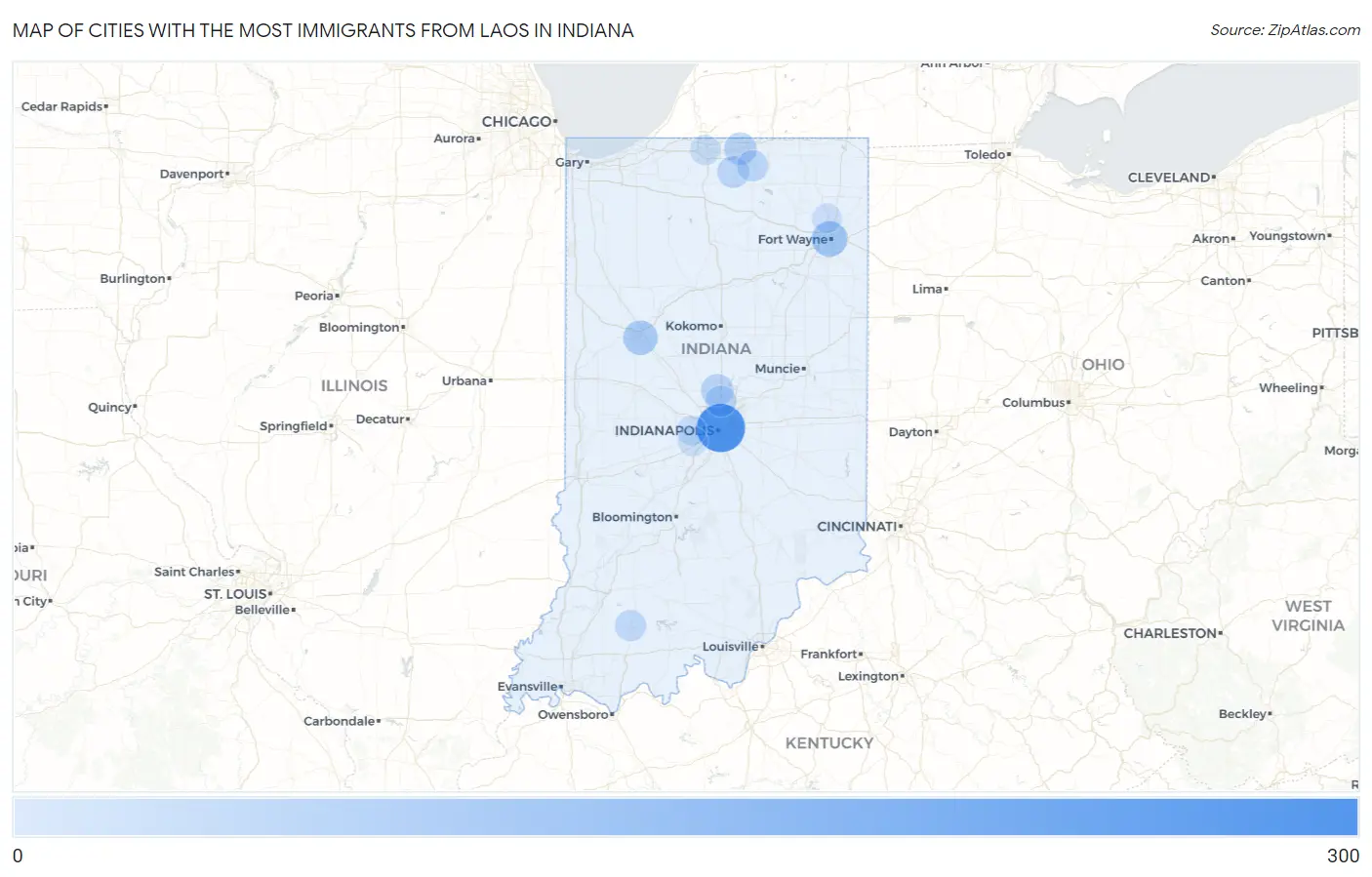 Cities with the Most Immigrants from Laos in Indiana Map