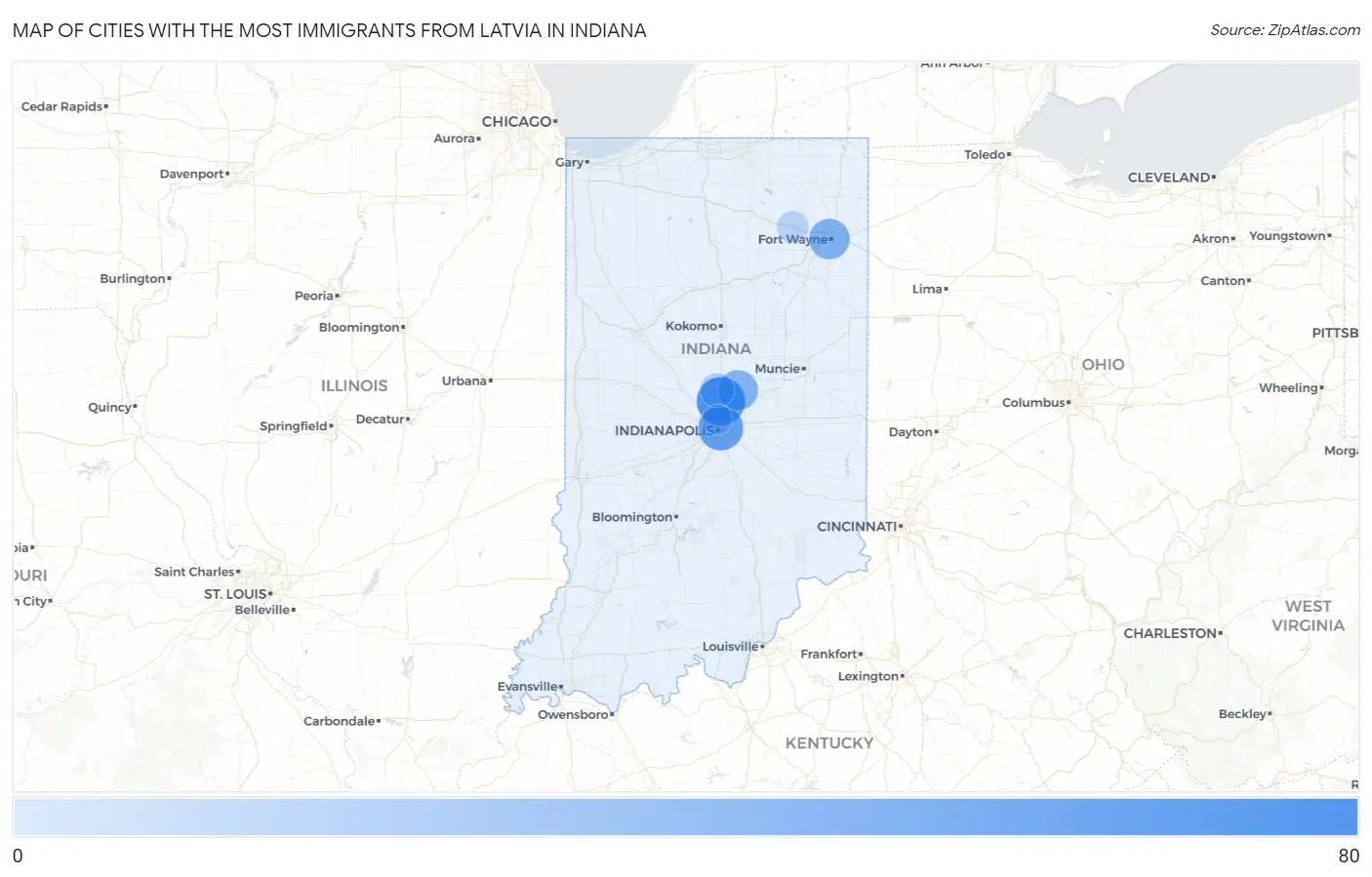 Cities with the Most Immigrants from Latvia in Indiana Map