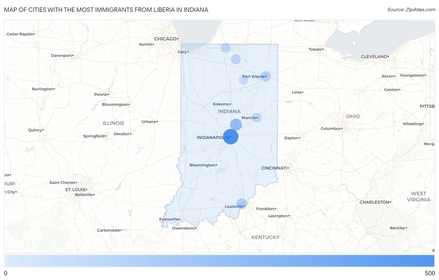 Cities with the Most Immigrants from Liberia in Indiana Map