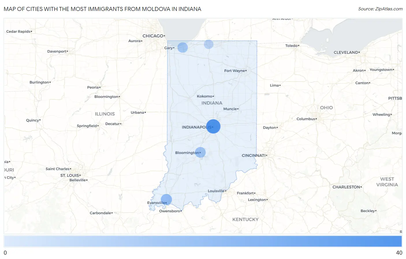 Cities with the Most Immigrants from Moldova in Indiana Map
