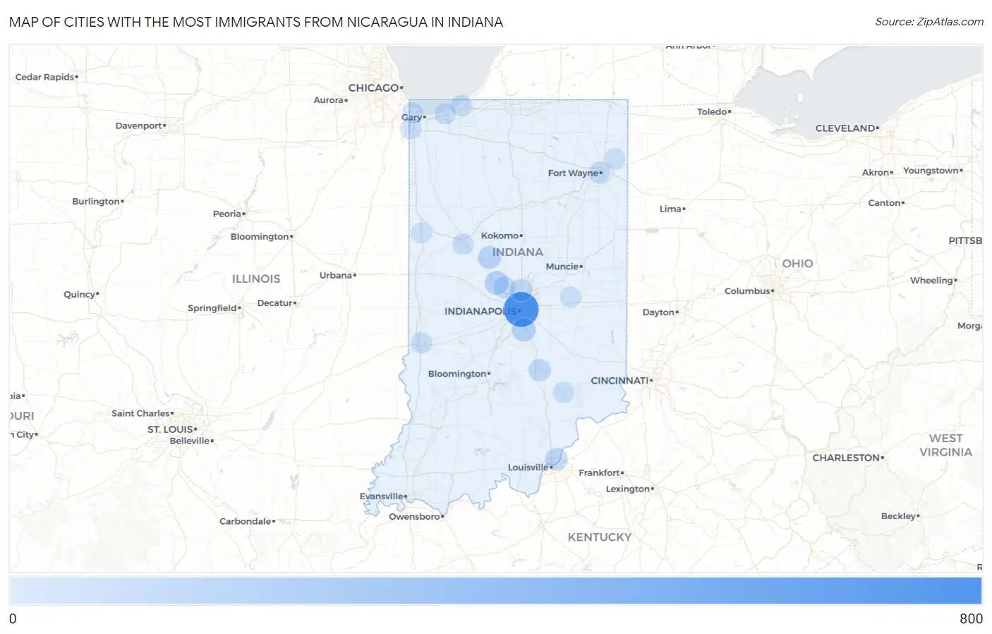 Cities with the Most Immigrants from Nicaragua in Indiana Map