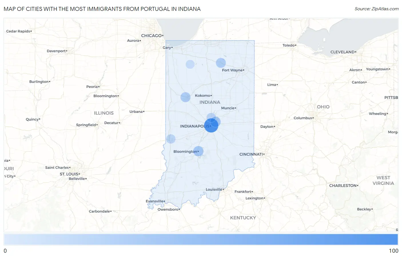 Cities with the Most Immigrants from Portugal in Indiana Map