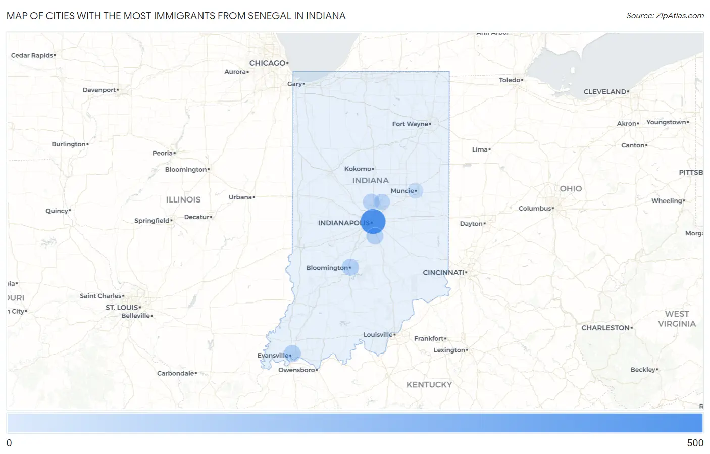 Cities with the Most Immigrants from Senegal in Indiana Map