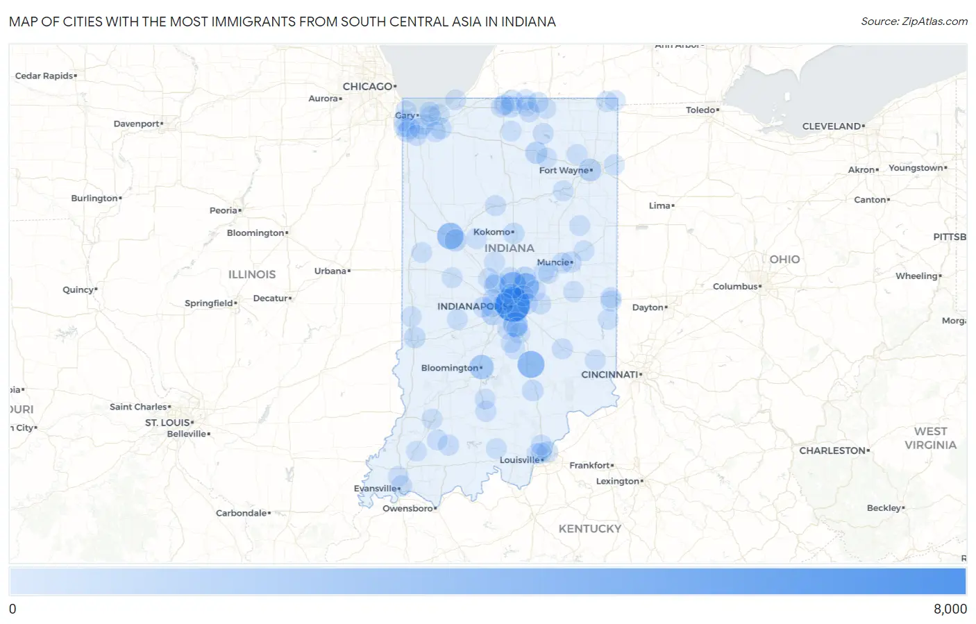 Cities with the Most Immigrants from South Central Asia in Indiana Map