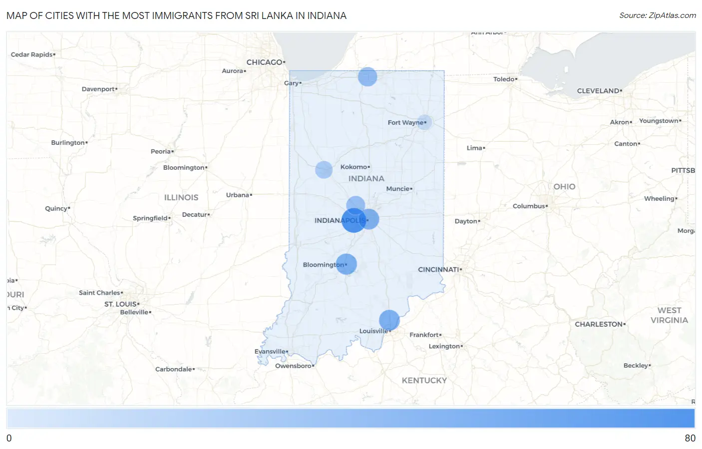 Cities with the Most Immigrants from Sri Lanka in Indiana Map
