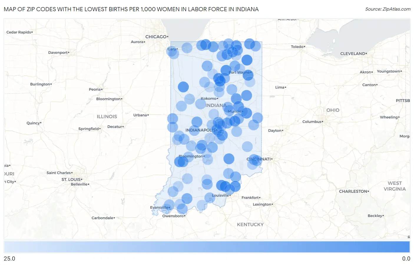 Zip Codes with the Lowest Births per 1,000 Women in Labor Force in Indiana Map
