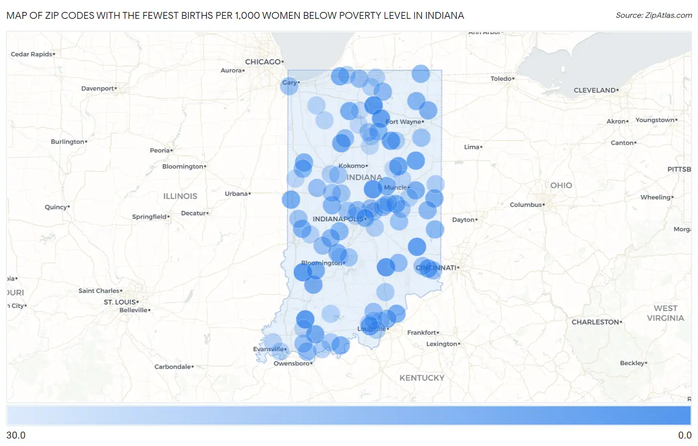 Zip Codes with the Fewest Births per 1,000 Women Below Poverty Level in Indiana Map