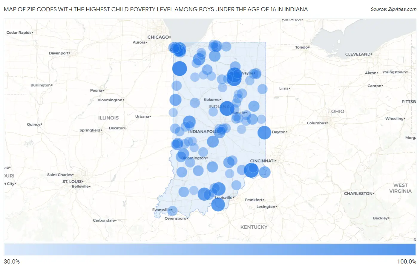 Zip Codes with the Highest Child Poverty Level Among Boys Under the Age of 16 in Indiana Map