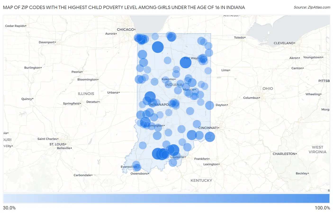 Zip Codes with the Highest Child Poverty Level Among Girls Under the Age of 16 in Indiana Map