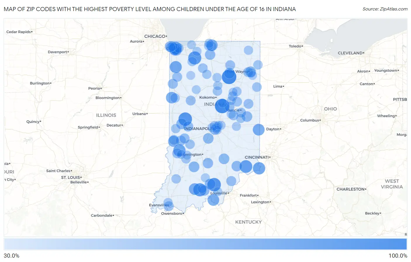 Zip Codes with the Highest Poverty Level Among Children Under the Age of 16 in Indiana Map