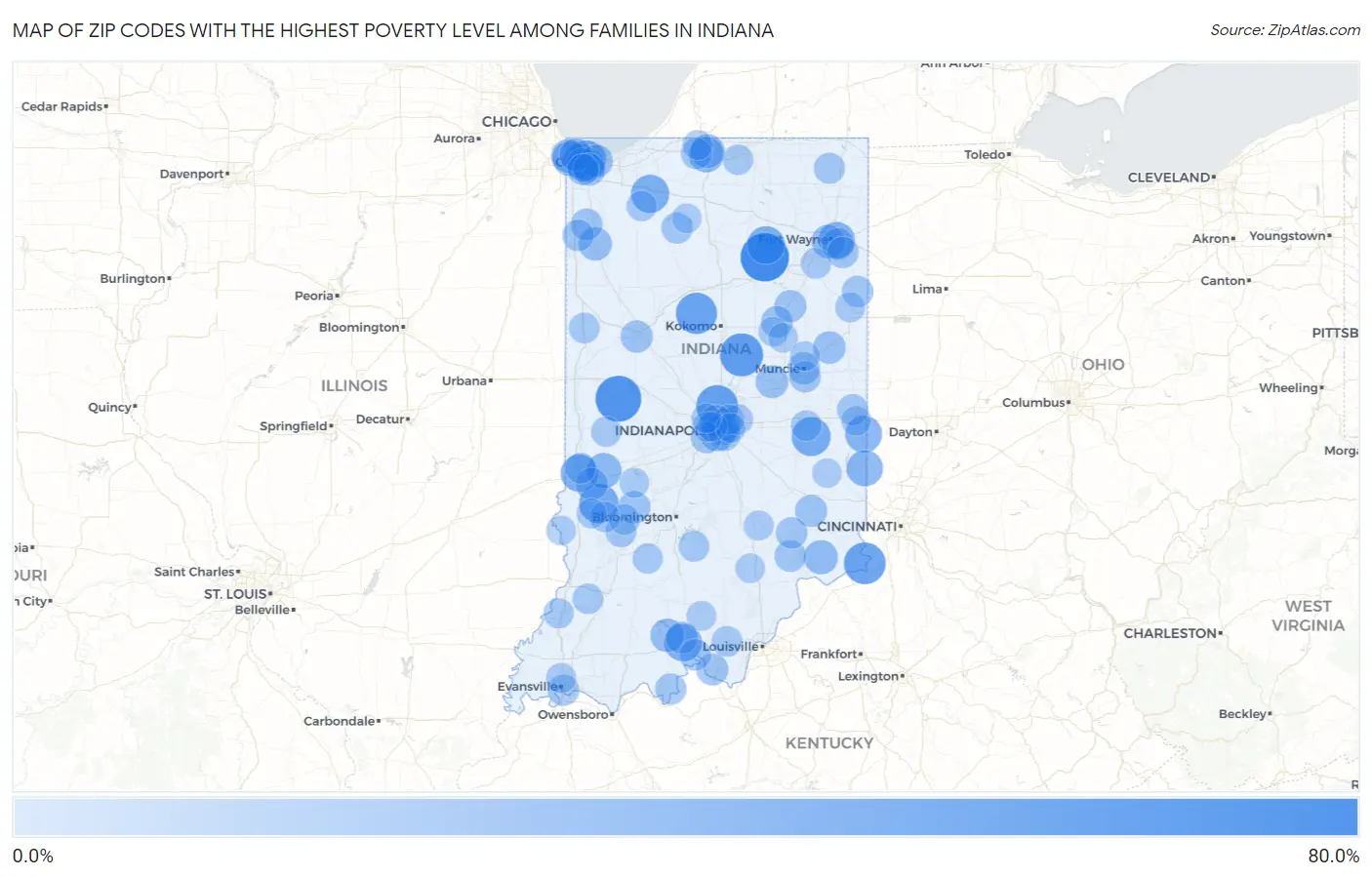 Zip Codes with the Highest Poverty Level Among Families in Indiana Map