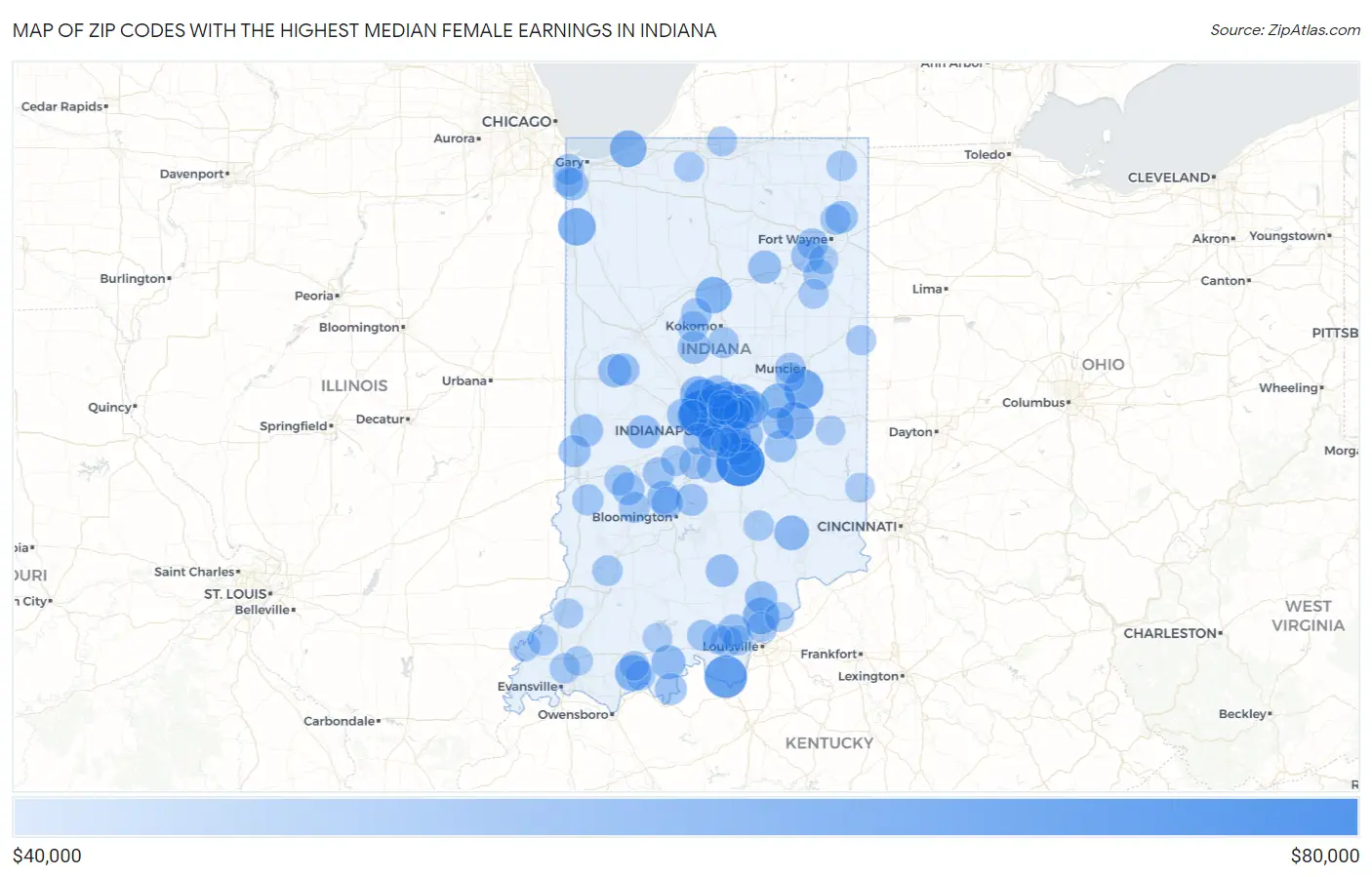 Zip Codes with the Highest Median Female Earnings in Indiana Map