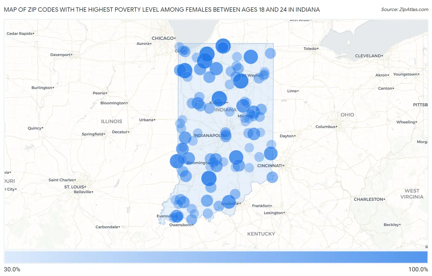 Zip Codes with the Highest Poverty Level Among Females Between Ages 18 and 24 in Indiana Map