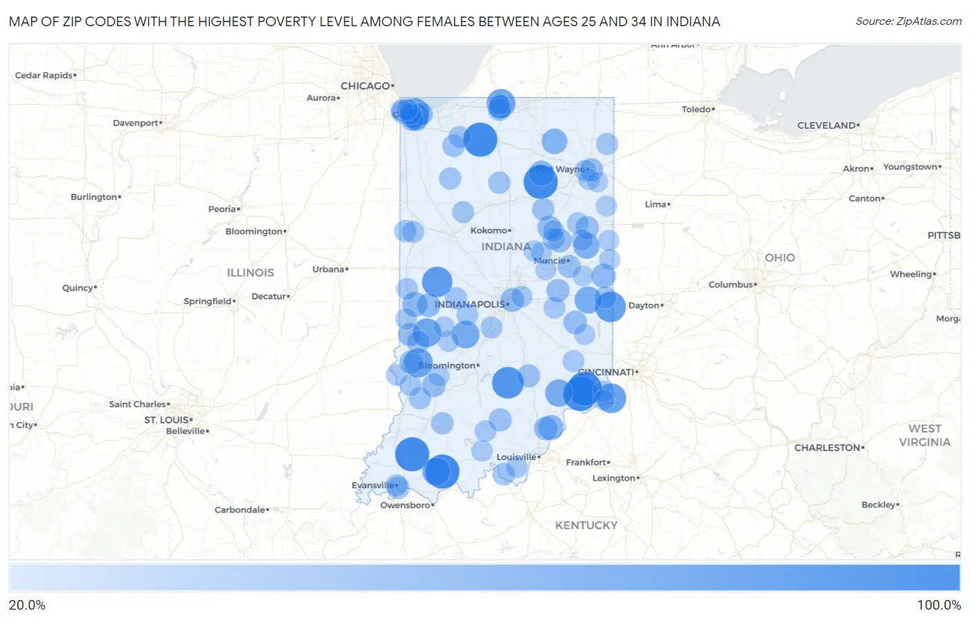 Zip Codes with the Highest Poverty Level Among Females Between Ages 25 and 34 in Indiana Map