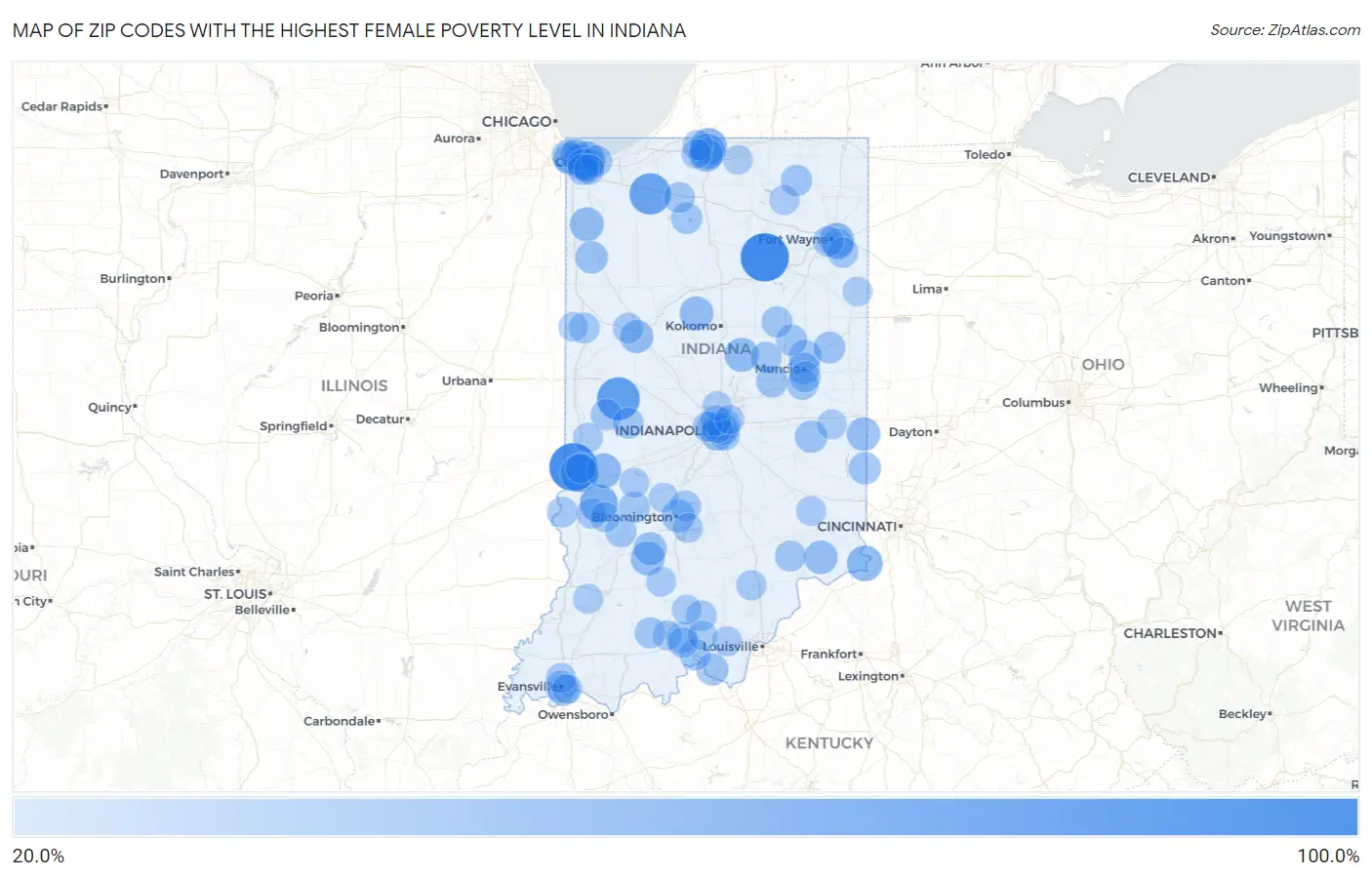 Zip Codes with the Highest Female Poverty Level in Indiana Map