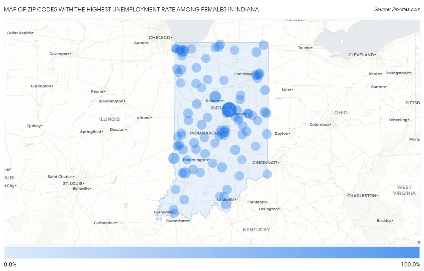 Zip Codes with the Highest Unemployment Rate Among Females in Indiana Map