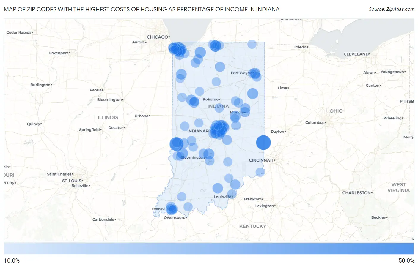 Zip Codes with the Highest Costs of Housing as Percentage of Income in Indiana Map