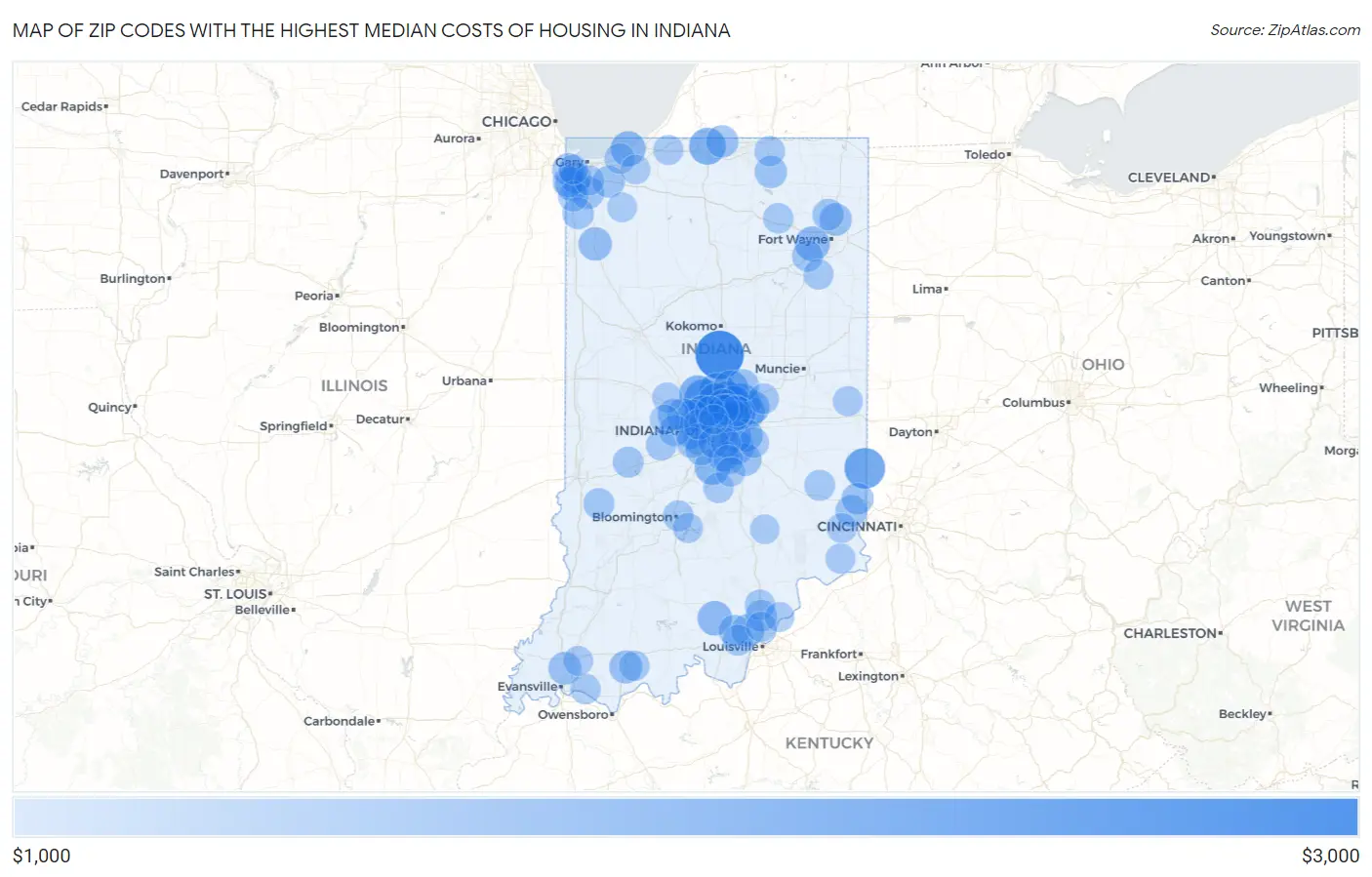 Zip Codes with the Highest Median Costs of Housing in Indiana Map