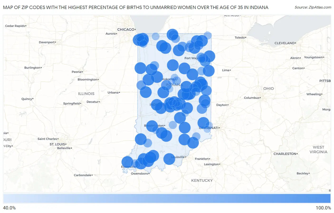Zip Codes with the Highest Percentage of Births to Unmarried Women over the Age of 35 in Indiana Map