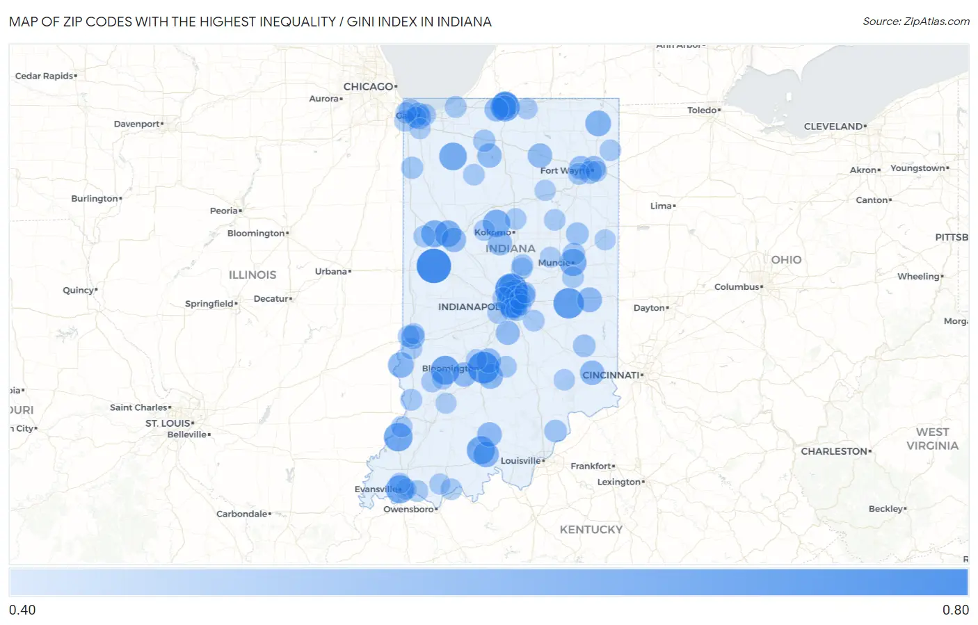 Zip Codes with the Highest Inequality / Gini Index in Indiana Map