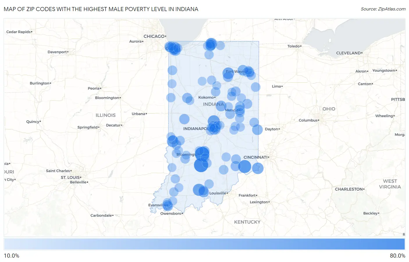 Zip Codes with the Highest Male Poverty Level in Indiana Map