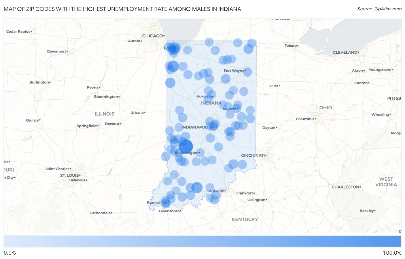 Zip Codes with the Highest Unemployment Rate Among Males in Indiana Map