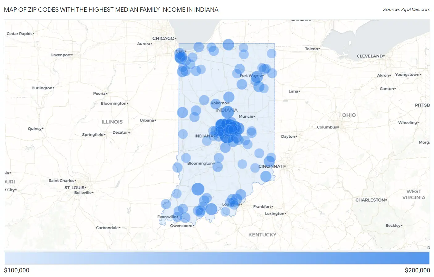 Zip Codes with the Highest Median Family Income in Indiana Map