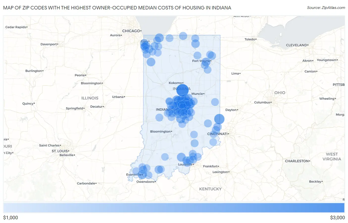 Zip Codes with the Highest Owner-Occupied Median Costs of Housing in Indiana Map