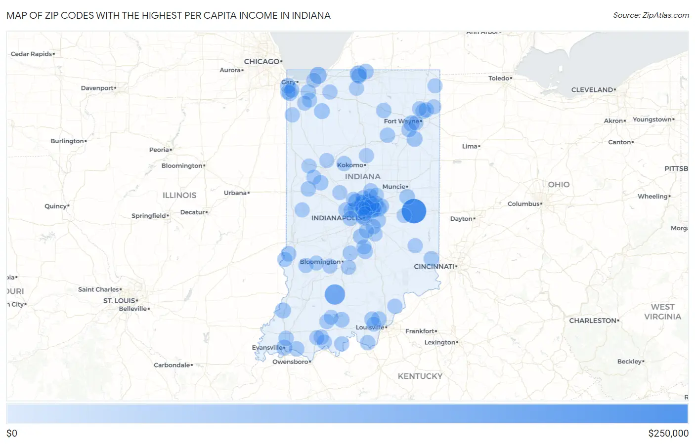 Zip Codes with the Highest Per Capita Income in Indiana Map