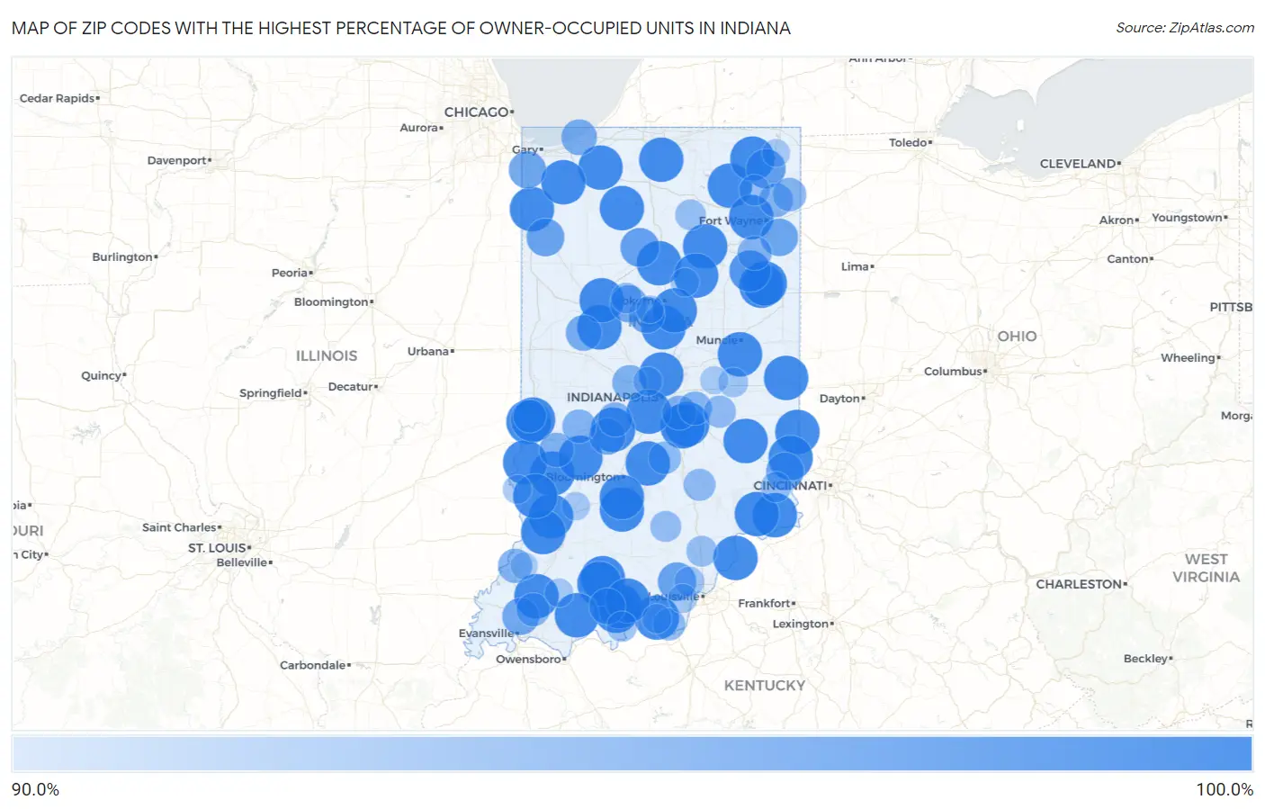 Zip Codes with the Highest Percentage of Owner-Occupied Units in Indiana Map