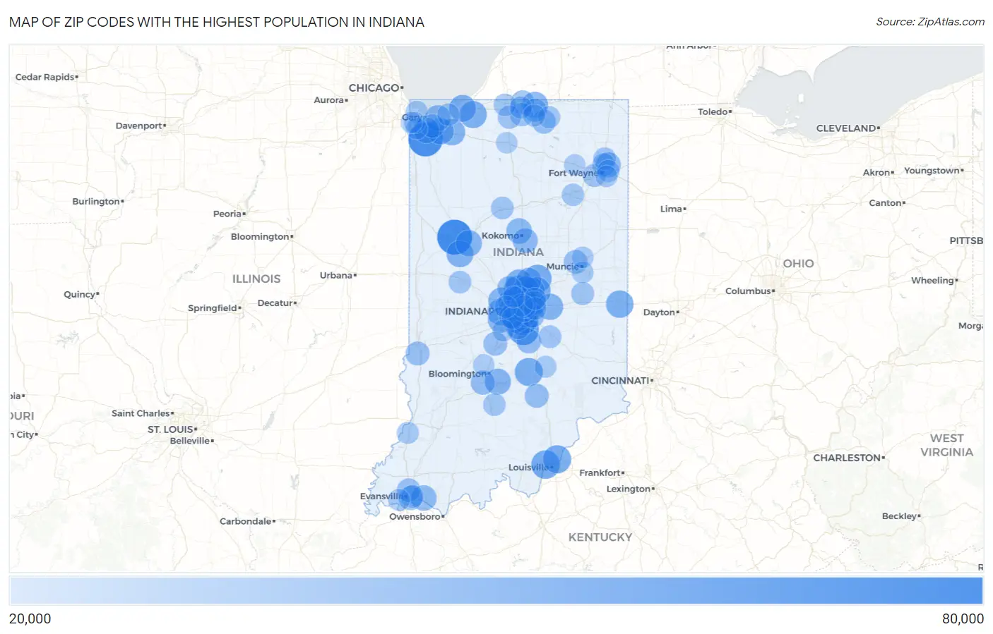 Zip Codes with the Highest Population in Indiana Map