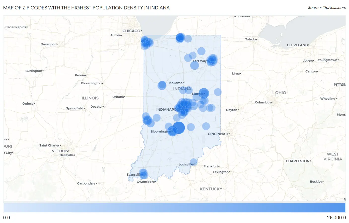 Zip Codes with the Highest Population Density in Indiana Map