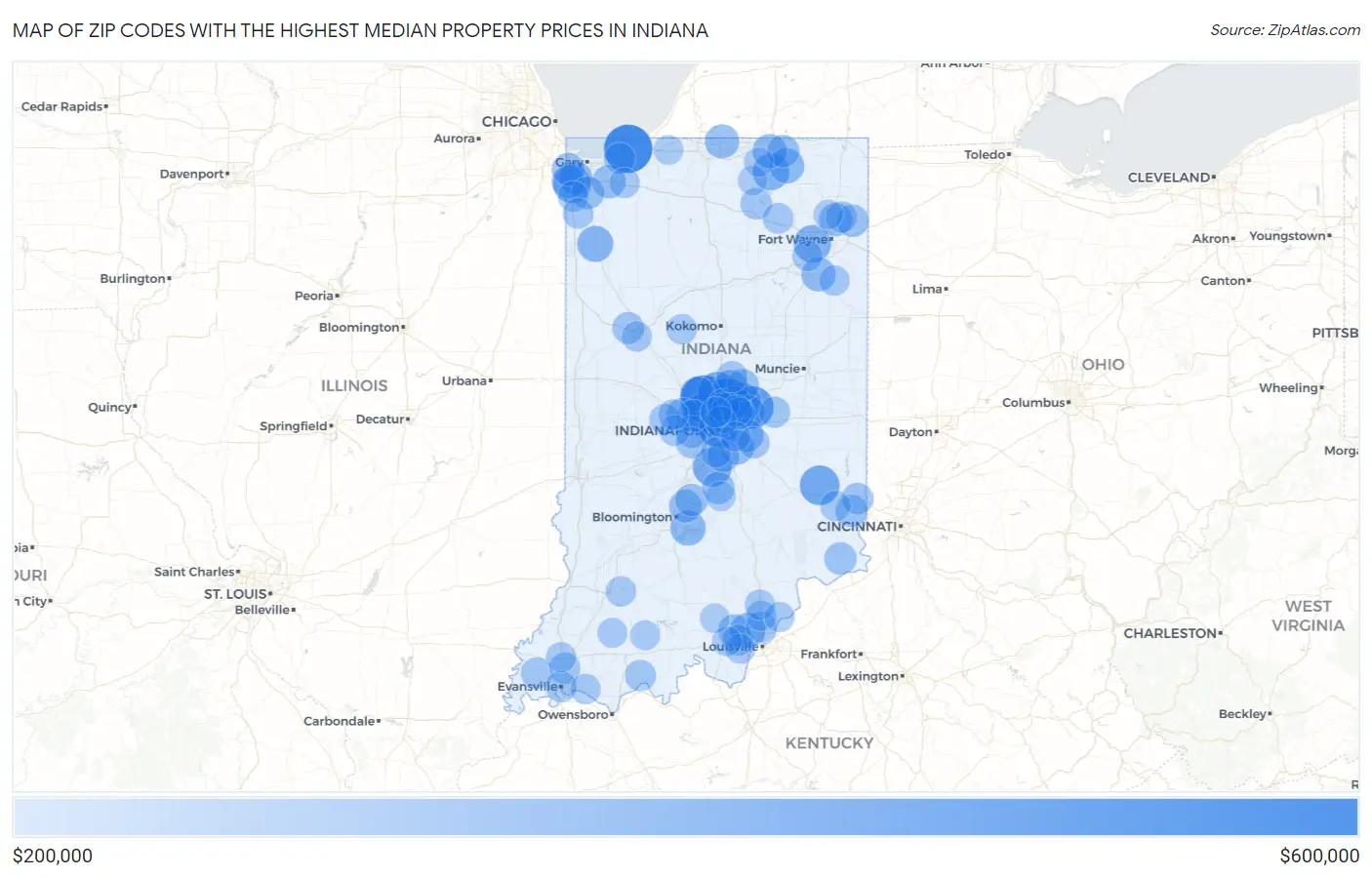 Zip Codes with the Highest Median Property Prices in Indiana Map