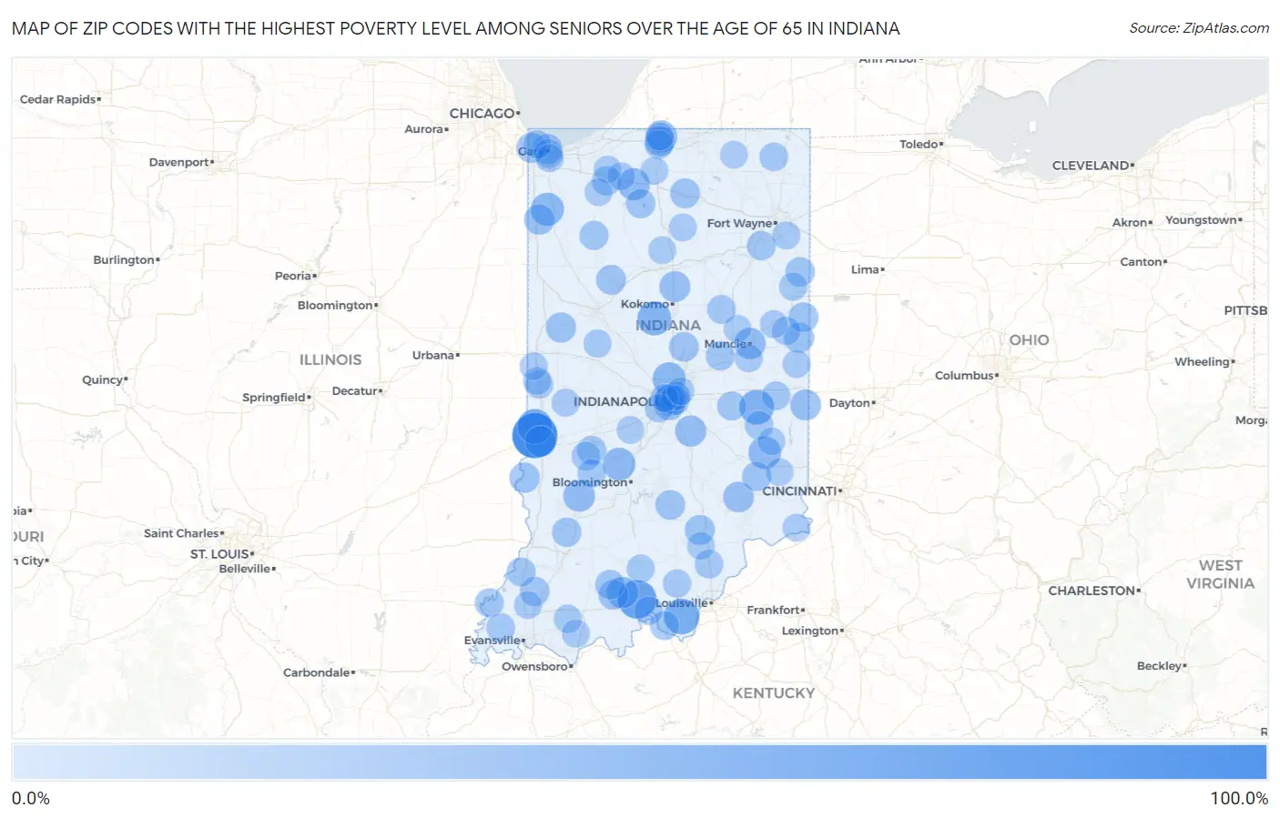 Zip Codes with the Highest Poverty Level Among Seniors Over the Age of 65 in Indiana Map