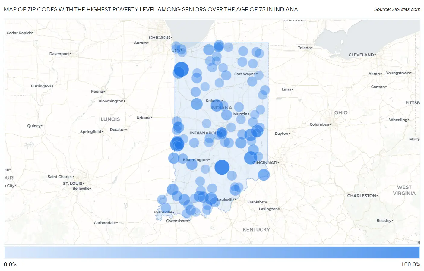 Zip Codes with the Highest Poverty Level Among Seniors Over the Age of 75 in Indiana Map