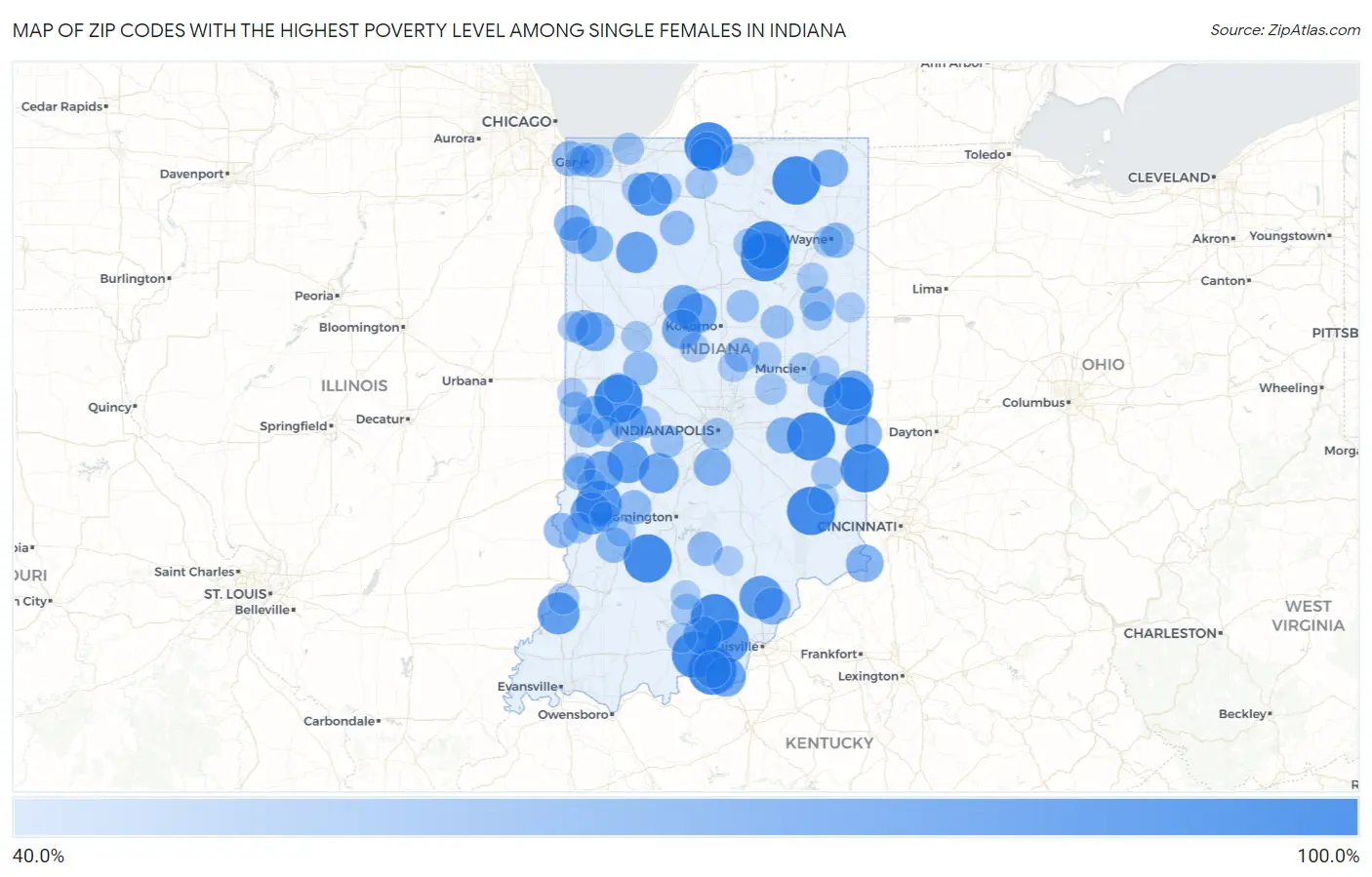 Zip Codes with the Highest Poverty Level Among Single Females in Indiana Map
