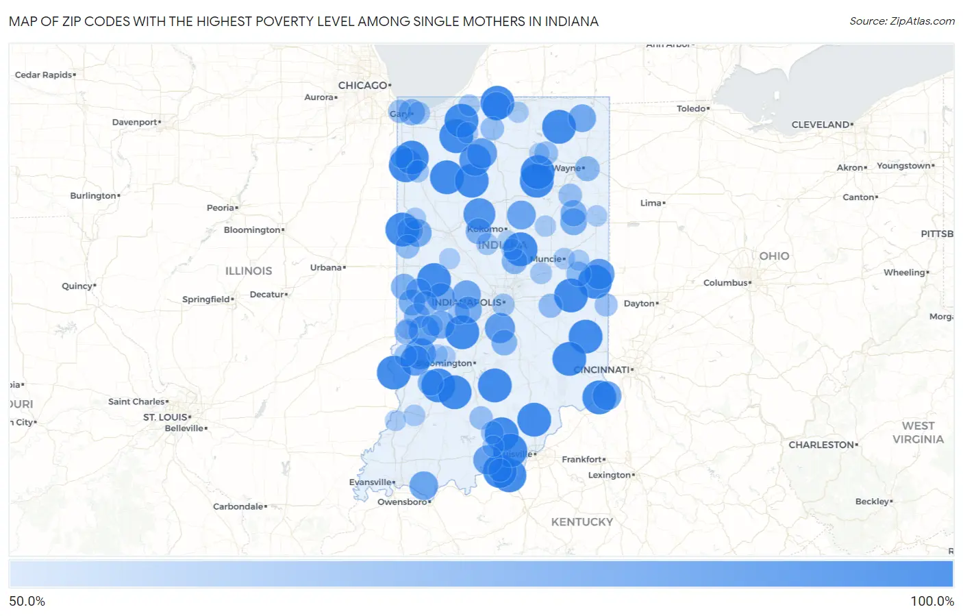 Zip Codes with the Highest Poverty Level Among Single Mothers in Indiana Map