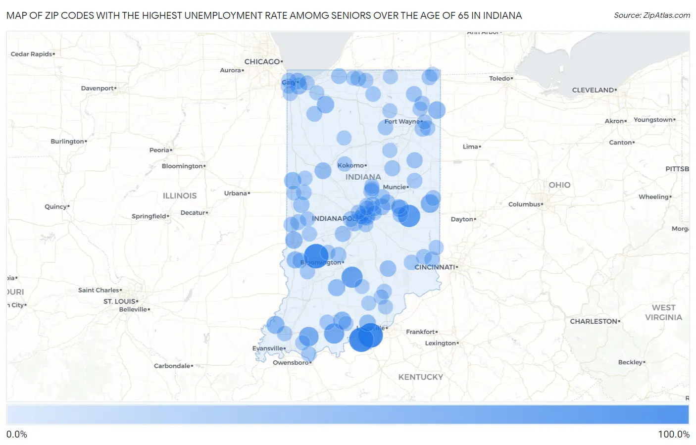 Zip Codes with the Highest Unemployment Rate Amomg Seniors Over the Age of 65 in Indiana Map