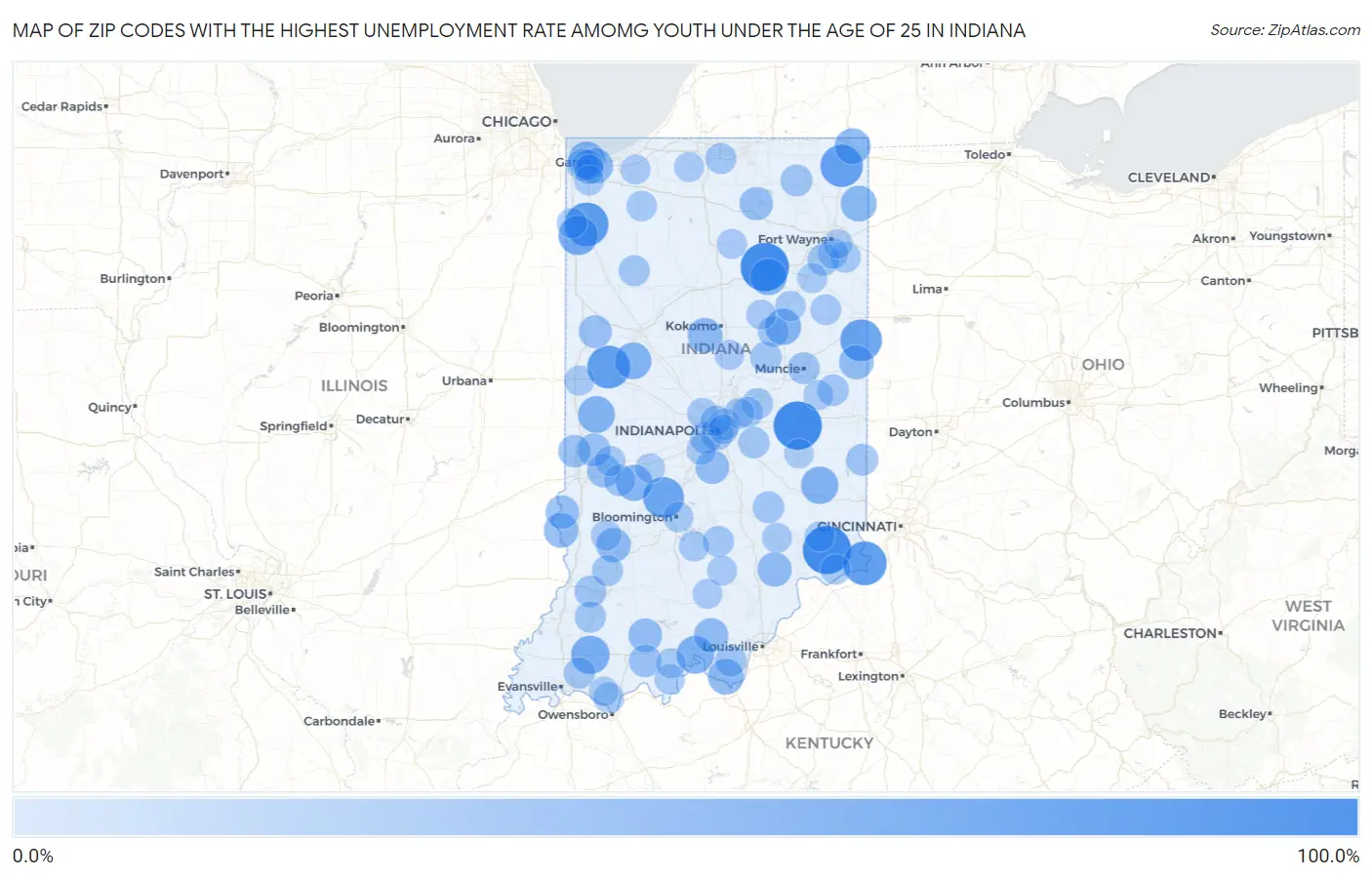 Zip Codes with the Highest Unemployment Rate Amomg Youth Under the Age of 25 in Indiana Map