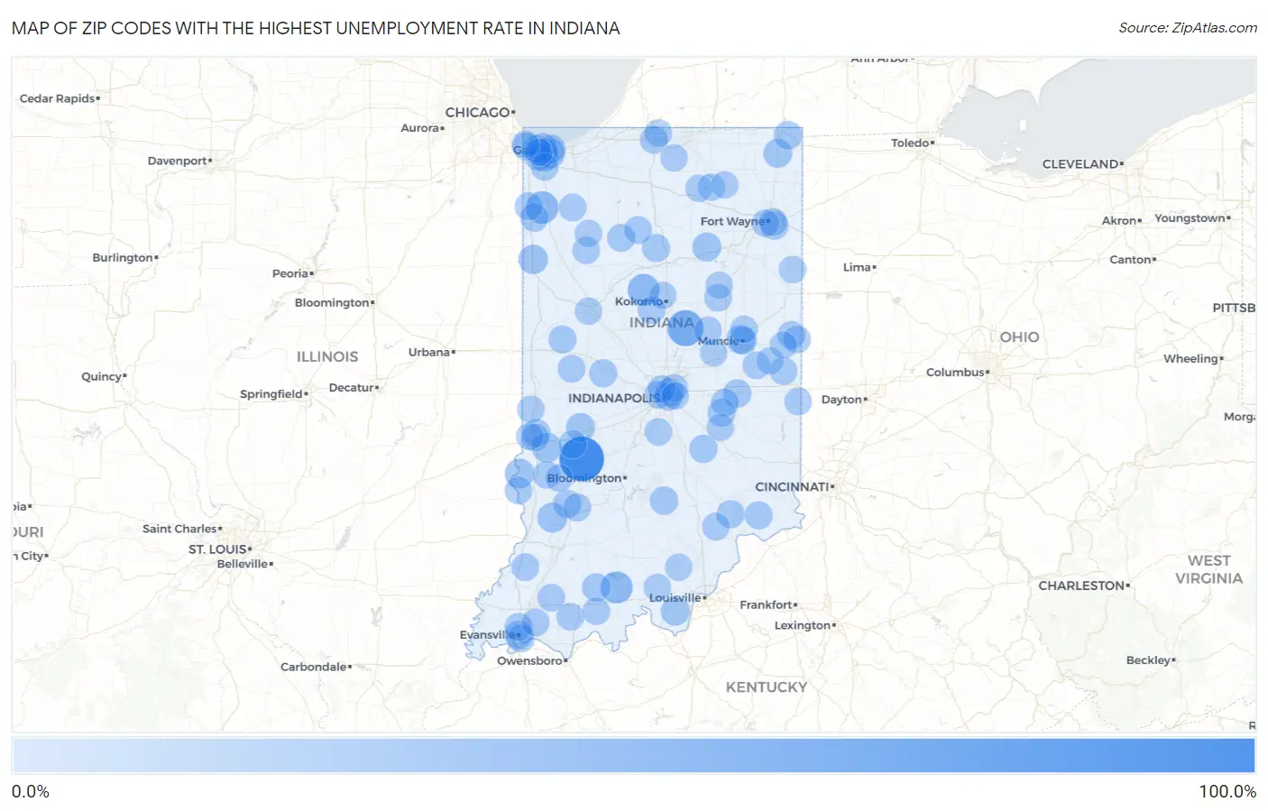 Zip Codes with the Highest Unemployment Rate in Indiana Map