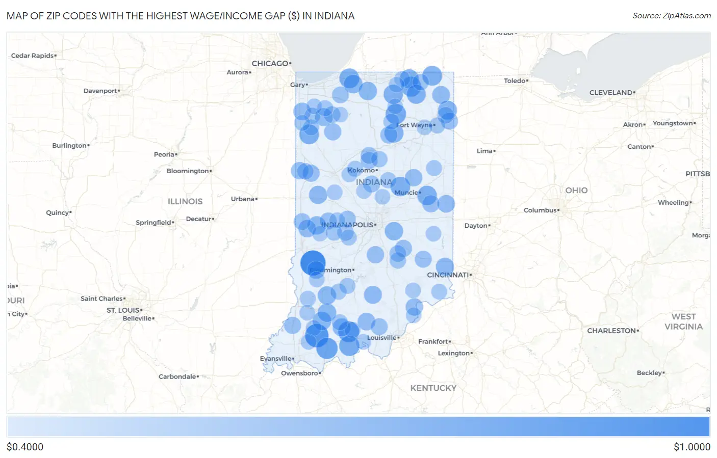 Zip Codes with the Highest Wage/Income Gap ($) in Indiana Map
