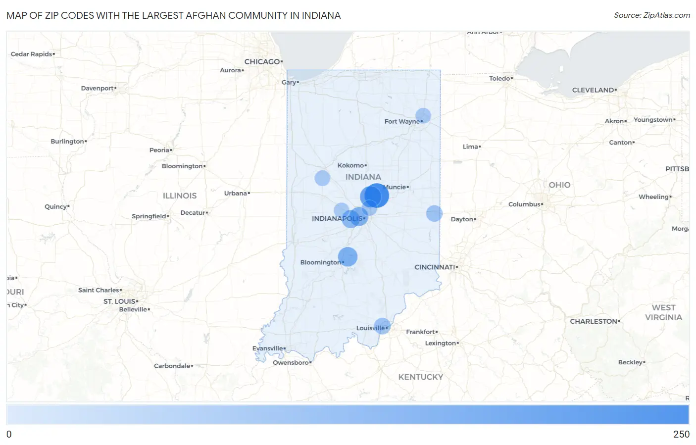 Zip Codes with the Largest Afghan Community in Indiana Map