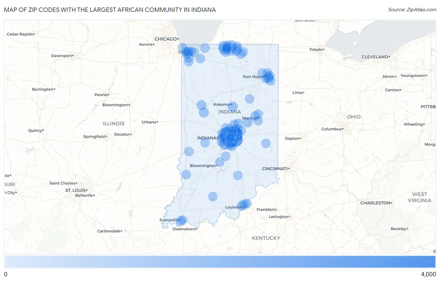 Zip Codes with the Largest African Community in Indiana Map