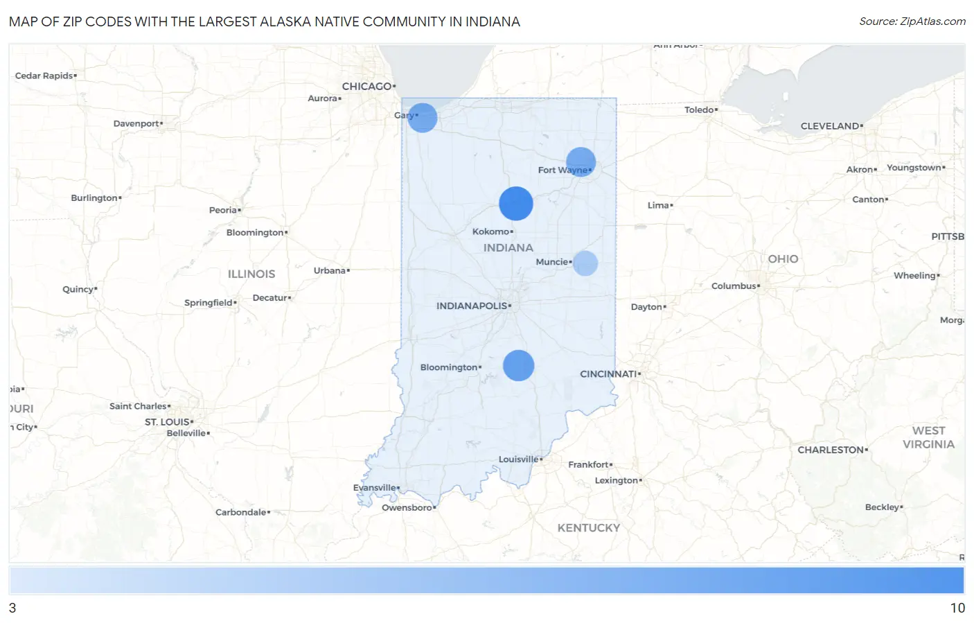 Zip Codes with the Largest Alaska Native Community in Indiana Map