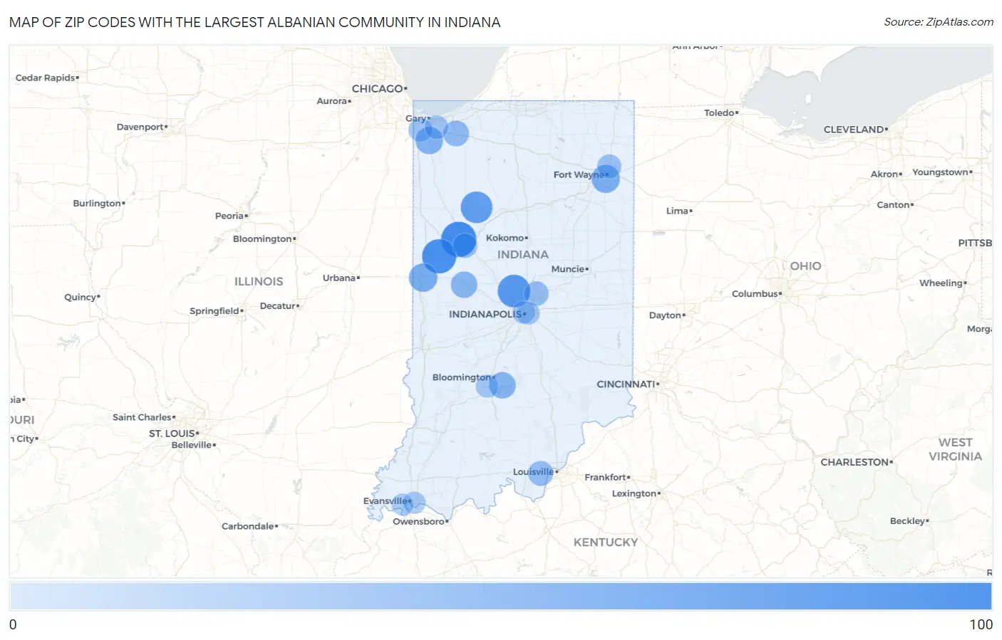 Zip Codes with the Largest Albanian Community in Indiana Map