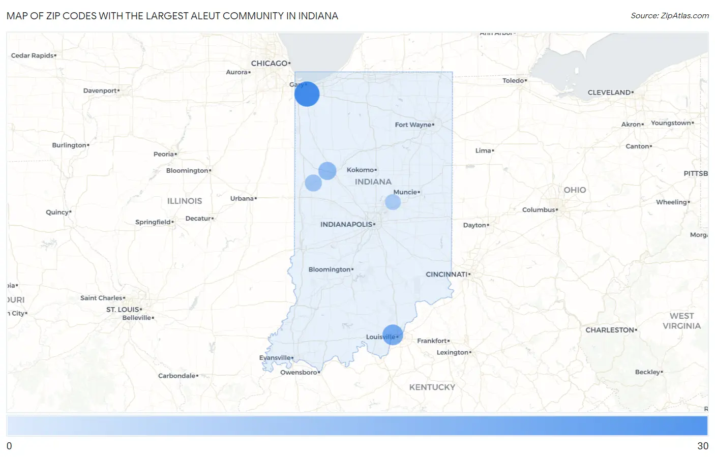 Zip Codes with the Largest Aleut Community in Indiana Map