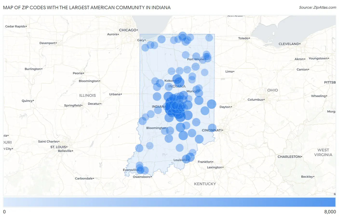 Zip Codes with the Largest American Community in Indiana Map
