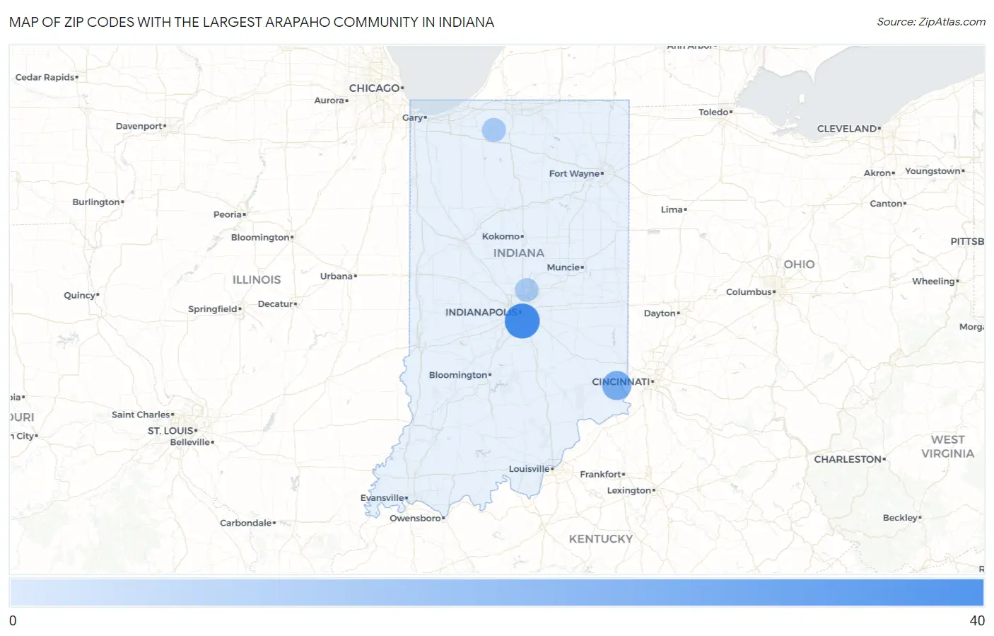 Zip Codes with the Largest Arapaho Community in Indiana Map