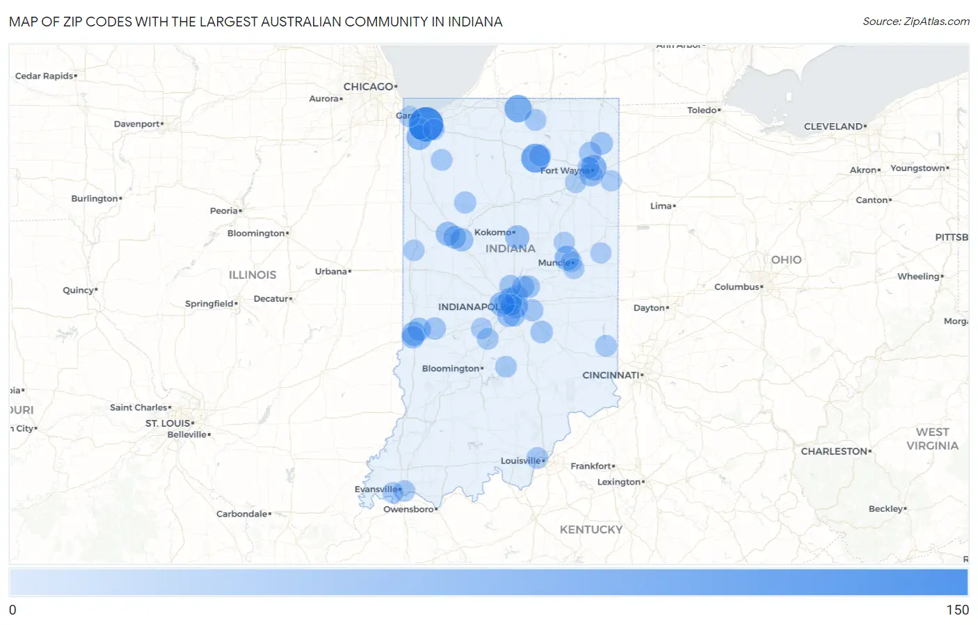 Zip Codes with the Largest Australian Community in Indiana Map